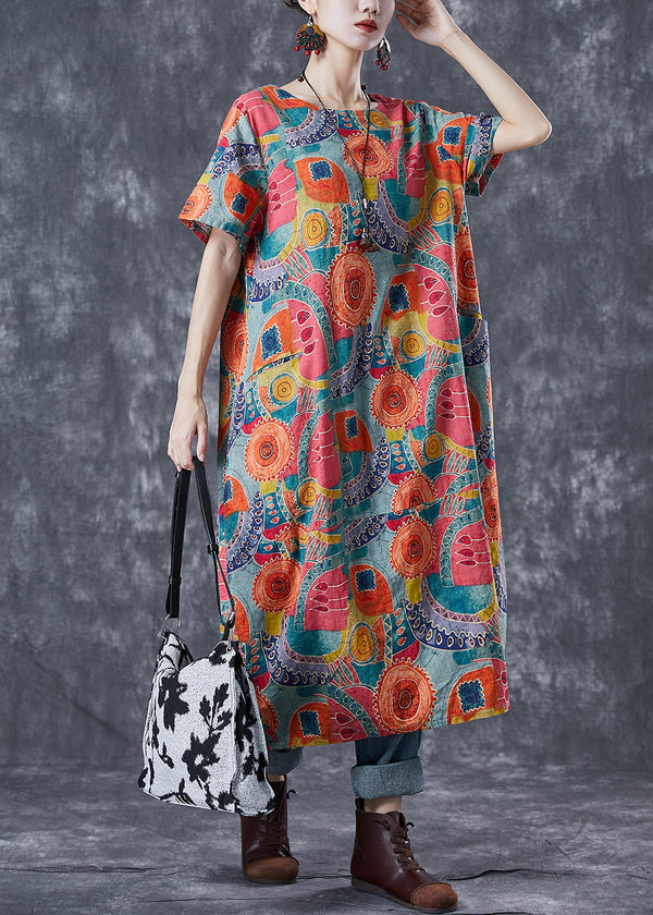 Fitted Orange Oversized Print Linen Maxi Dresses Summer