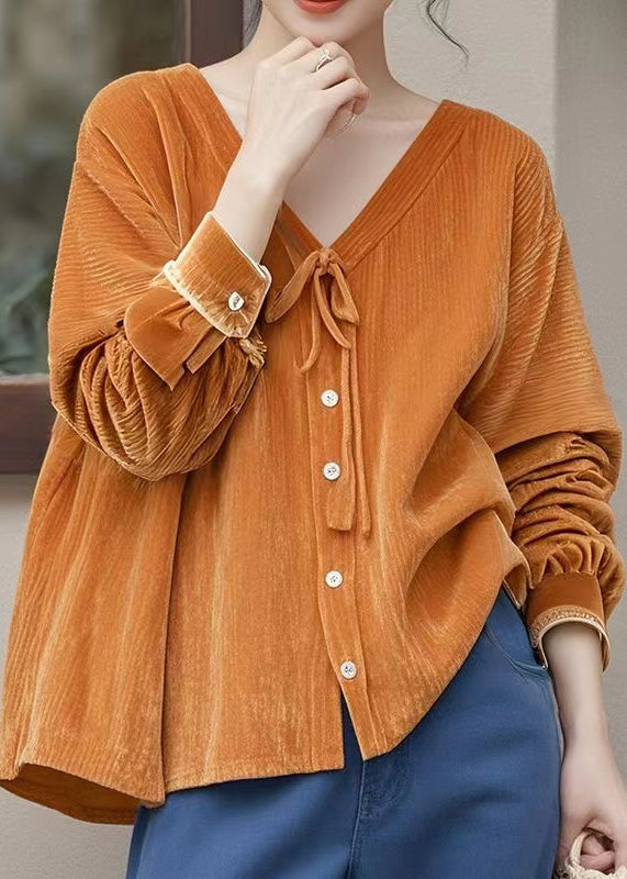 Fitted Orange V Neck Lace Up Silk Velour Shirt Fall