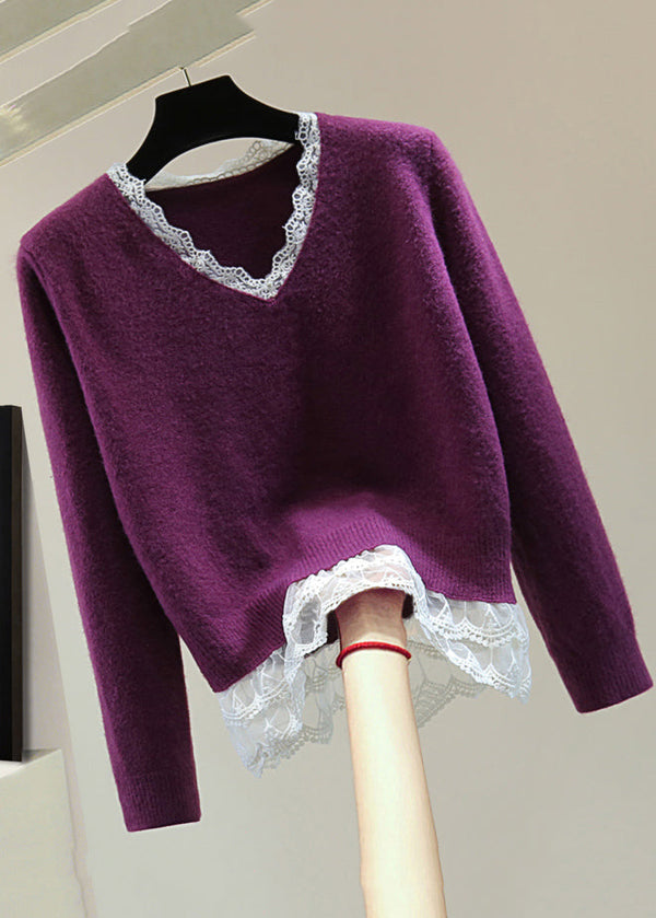 Fitted Purple V Neck Lace Patchwork Cotton Knit Sweater Winter