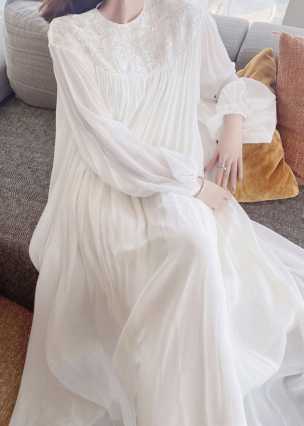 Fitted White O-Neck Embroidered Sequined Silk Maxi Dress Long Sleeve