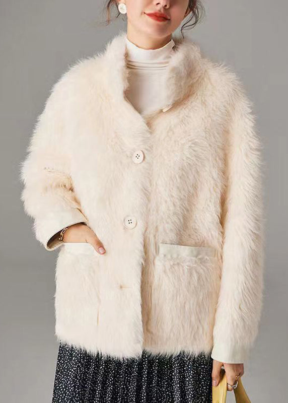 Fitted White Pockets Button Leather And Fur Coats Long Sleeve