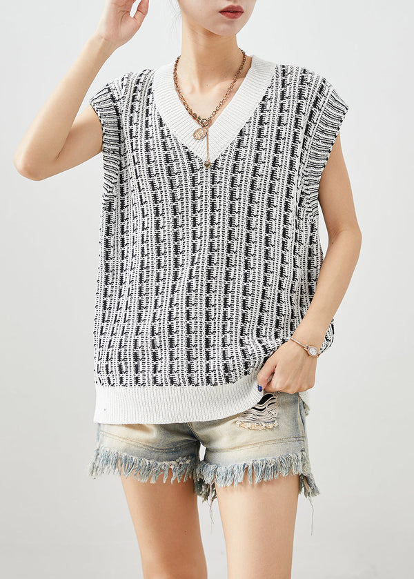 Fitted White V Neck Jacquard Knit Vest Fall