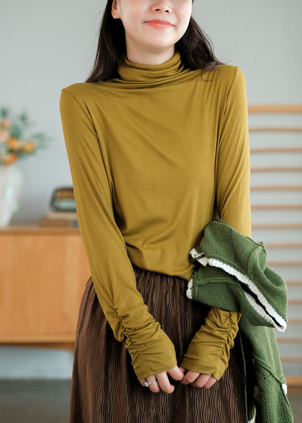 Fitted Yellow Turtle Neck Wrinkled Cotton Top Fall