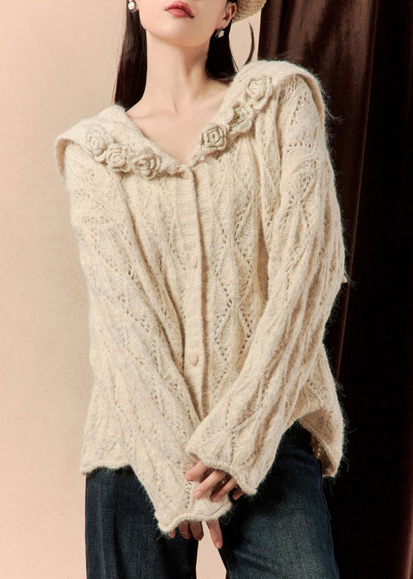 Floral Beige Button Hollow Out Knit Sweaters Spring