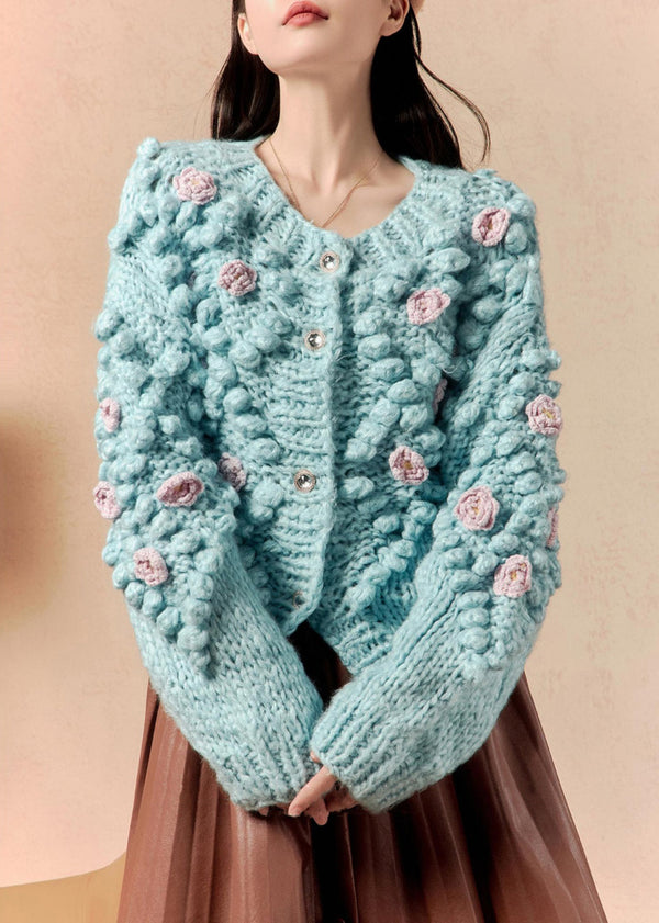 Floral Blue O Neck Button Knit Cardigan Winter