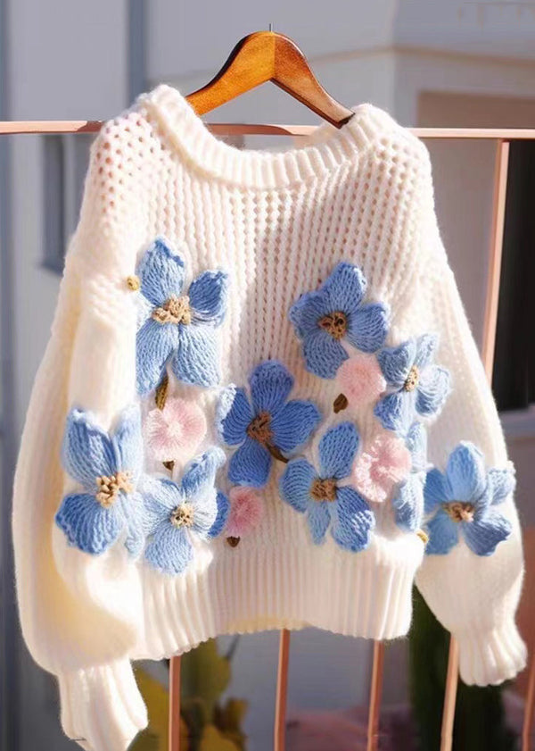 Floral Blue O Neck Hollow Out Cozy Knit Sweaters Fall