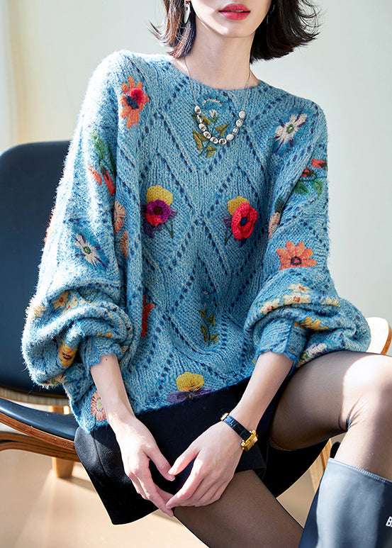 Floral Blue O-Neck Hollow Out Knit Sweaters Fall