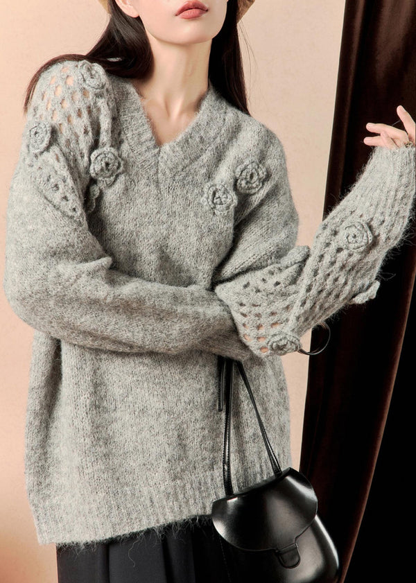 Floral Grey V Neck Hollow Out Knit Sweater Winter