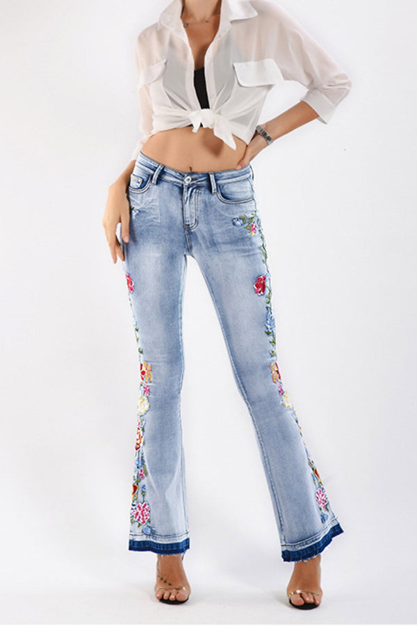 Embroidery Flared Denim Pants