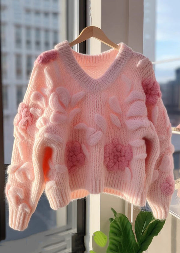 Floral Pink V Neck Original Design Knit Cardigans Fall