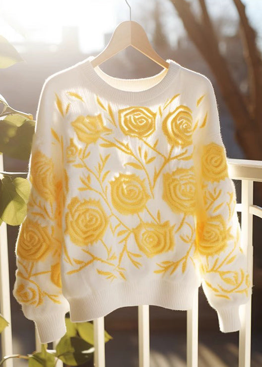 Floral Yellow O Neck Cozy Knit Fall Sweaters