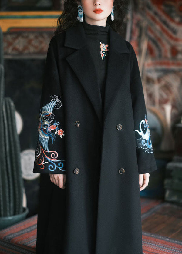 French Black Embroidered Pockets Woolen Trench Winter