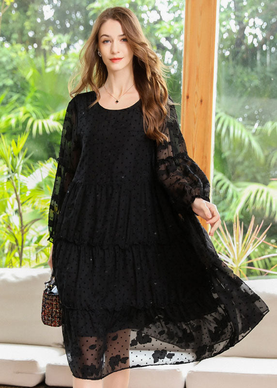 French Black Embroidered Ruffled Hollow Out Chiffon Dresses Spring