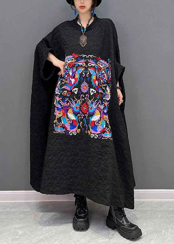 French Black Embroidered Wrinkled Dresses Gown Batwing Sleeve