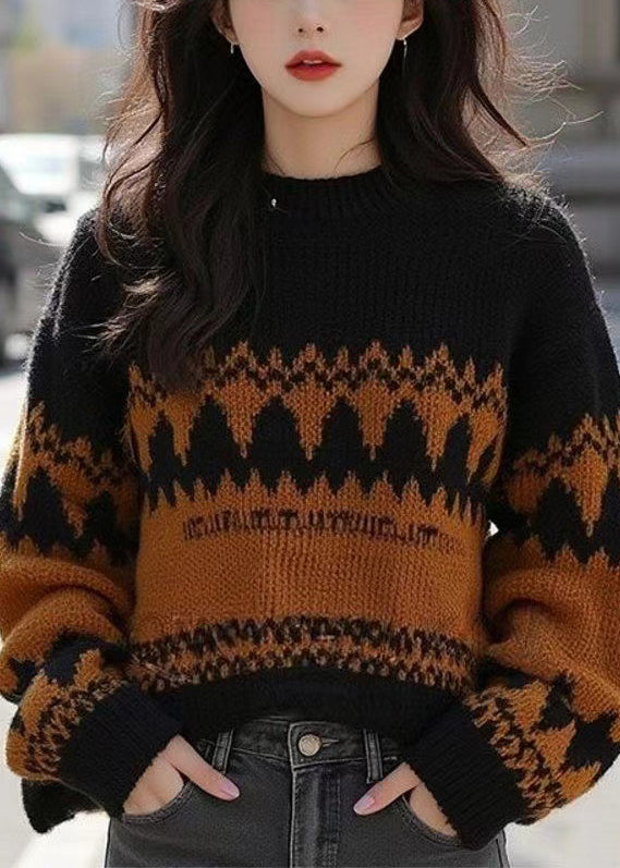 French Black O Neck Cozy Patchwork Wool Knit Sweater Winter