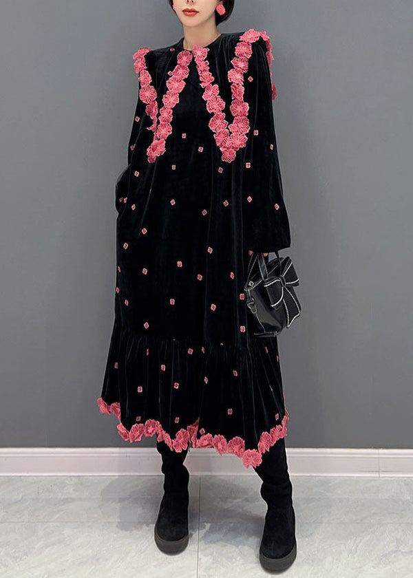 French Black O Neck Floral Silk Velour Maxi Dress Winter