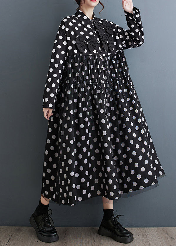 French Black Peter Pan Collar Dot Bow Patchwork Cotton Dresses Fall