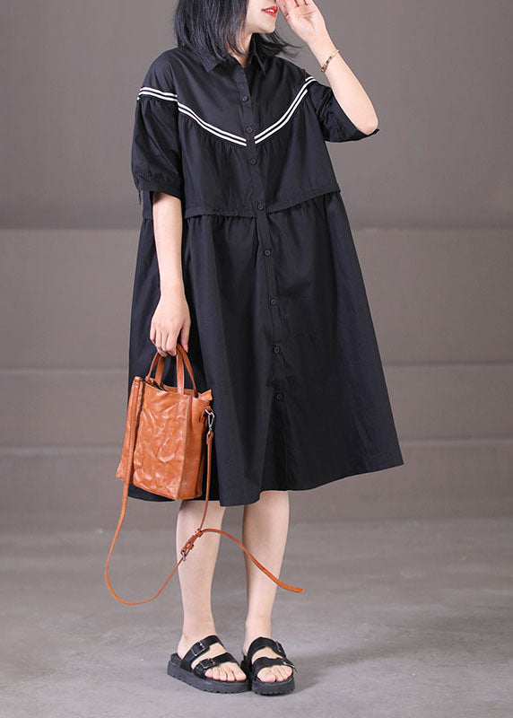 French Black Peter Pan Collar Patchwork Drawstring Cotton Shirt Dress Summer