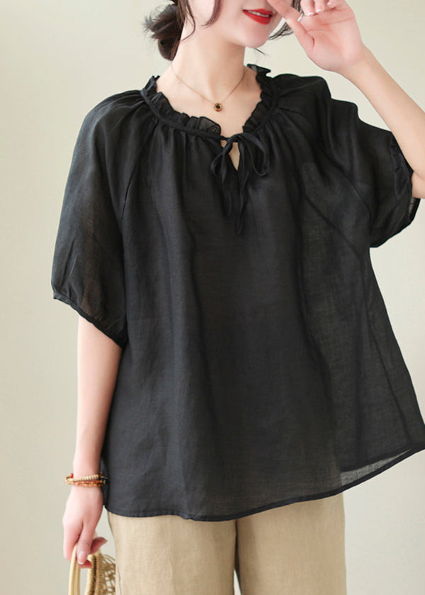 French Black Ruffled Oversized Linen Blouse Tops Summer