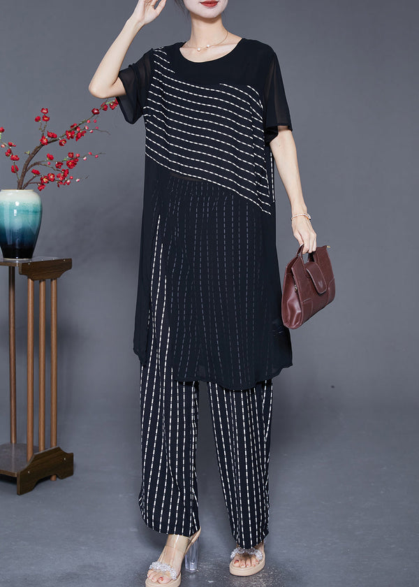 French Black Striped Side Open Chiffon Two Pieces Set Summer
