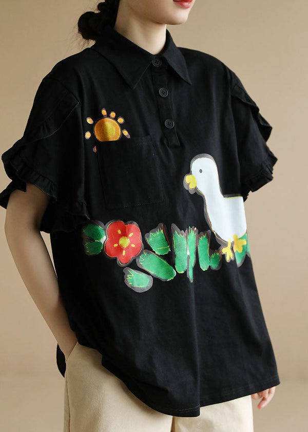 French Black Turn-down Collar Ruffled Character Applique Cotton Shirts Short Sleeve