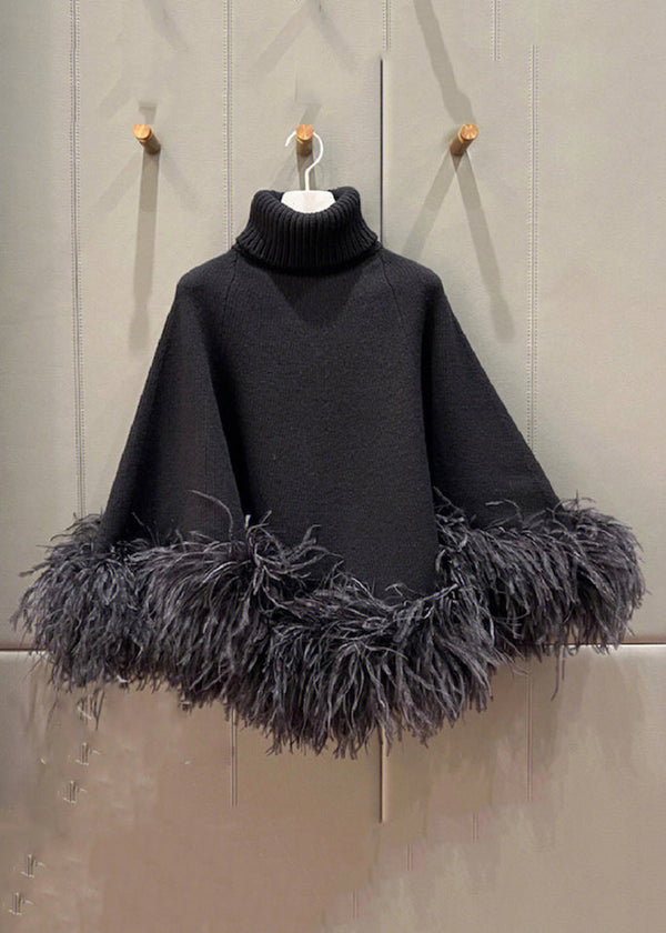 French Black Turtleneck Fluffy Patchwork Woolen Cape Tops Spring