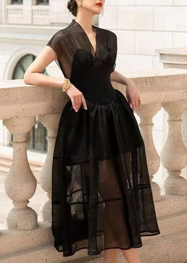 French Black V Neck Wrinkled Patchwork Tulle Dress Summer