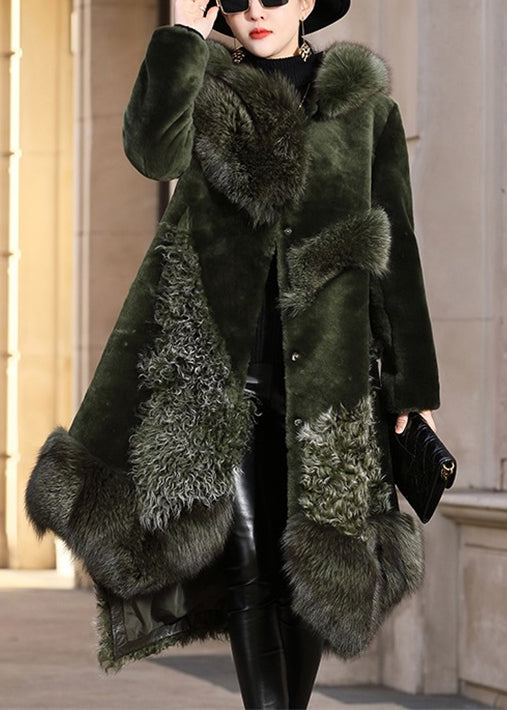 French Blackish Green Asymmetrical Fox Collar Patchwork Leather And Fur Coats Winter