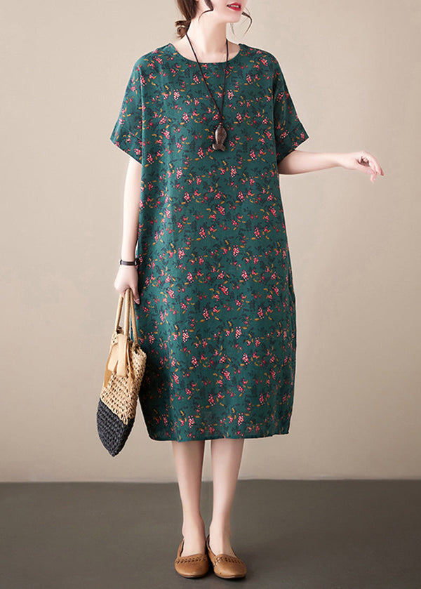 French Blackish Green O-Neck Print Linen Dresses Summer