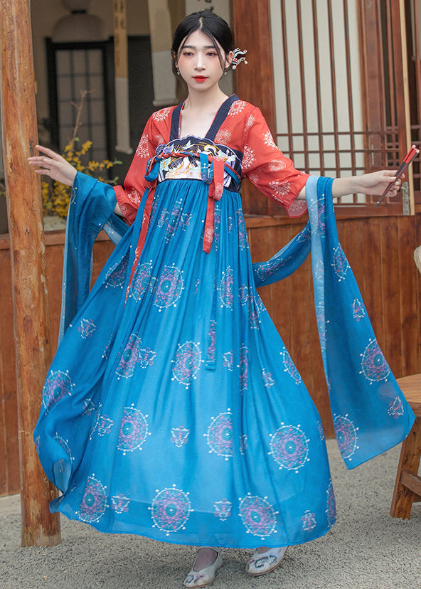 French Blue Embroidered Lace Up Wrinkled Patchwork Chiffon Maxi Dress Summer