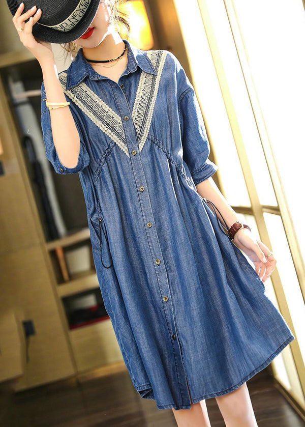 French Blue Embroidered Patchwork Lace Denim Dress Summer