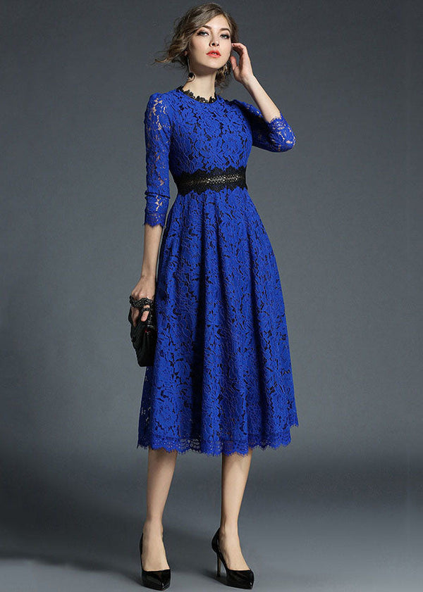 French Blue Hollow Out Embroidered Patchwork Lace Dresses Summer