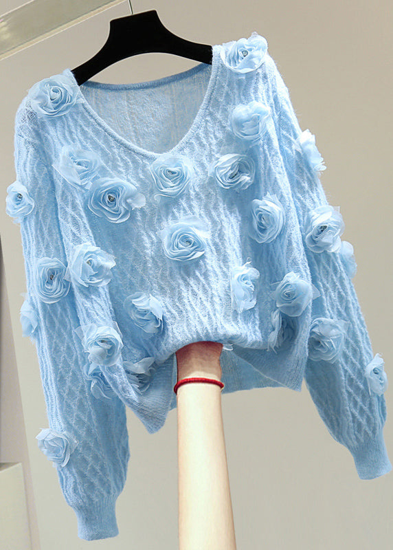 French Blue O-Neck Floral Zircon Cotton Knit Sweater Winter