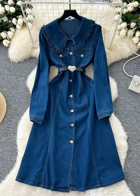 French Blue Original Design Button Denim Shirts Dress Fall