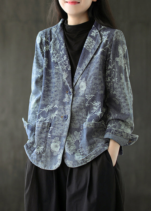 French Blue Pockets Print Denim Coats Long Sleeve