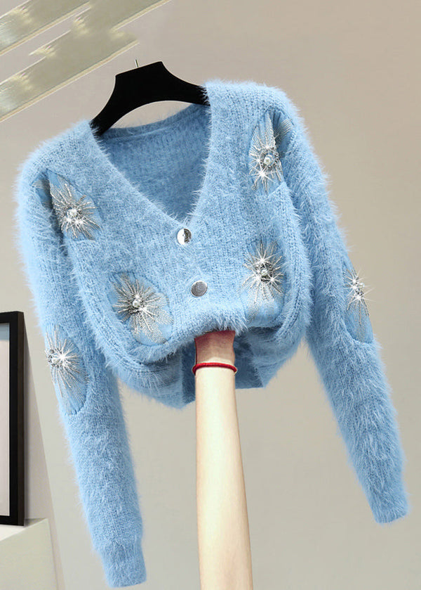 French Blue Zippered Patchwork Nail Bead Cotton Knit Sweater Winter