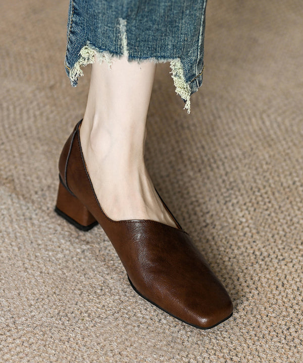 French Brown Asymmetric Splicing Chunky Heel Cowhide Leather