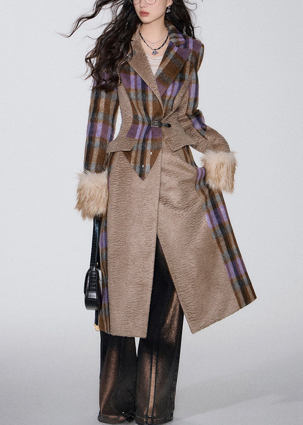 French Brown Pockets Patchwork Woolen Long Coat Winter