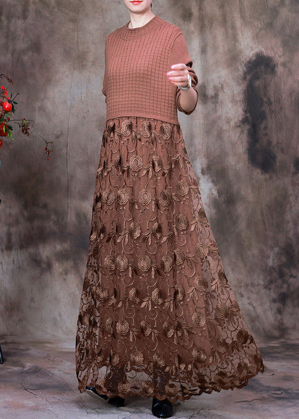 French Chocolate O-Neck Embroidered Lace Patchwork Knit Maxi Dress Long Sleeve