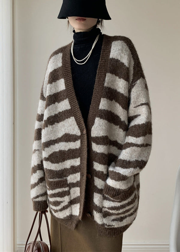 French Coffee Striped V Neck Pockets Knit Cardigans Winter