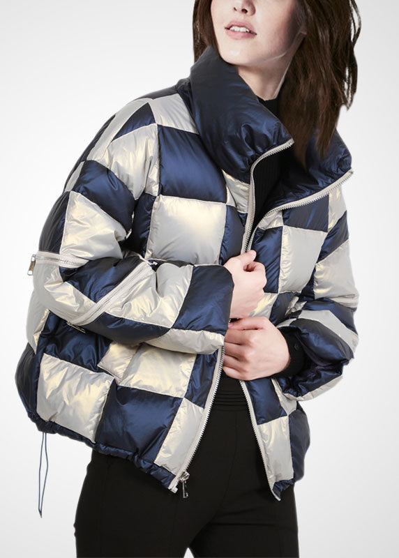 French Colorblock Stand Collar Zip Up Drawstring Plaid Duck Down Puffer Jacket Winter