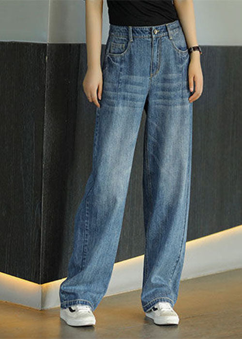 French Denim Blue Elastic Waist Pockets Cotton Straight Pants Summer