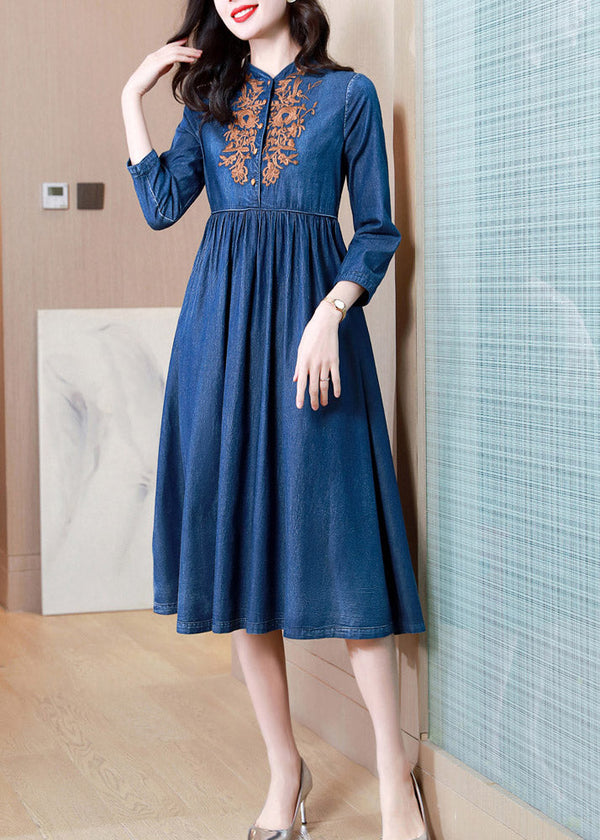 French Denim Blue V Neck Embroidered Patchwork Elastic Waist Cotton Long Dresses Spring