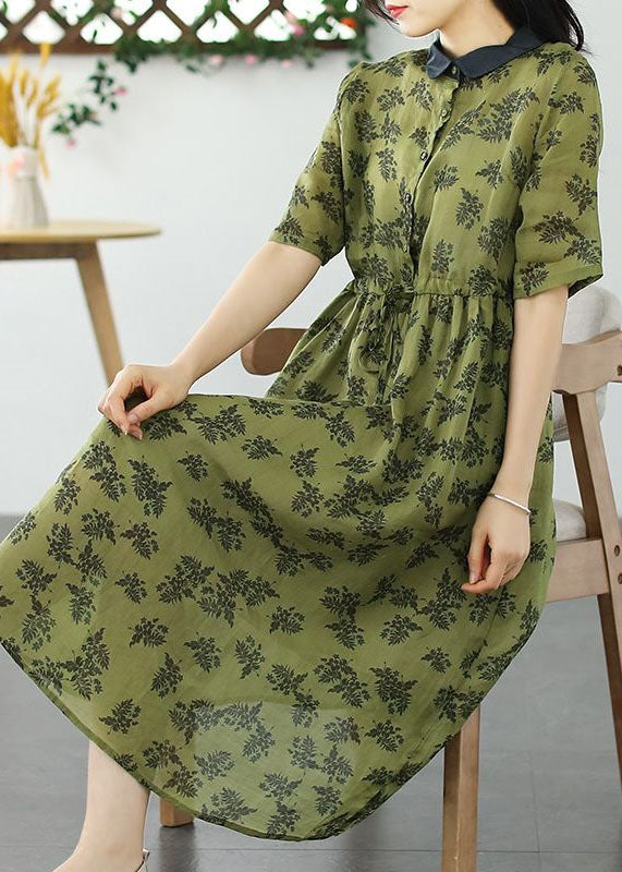 French Grass Green Peter Pan Collar Print Patchwork Linen Dresses Summer