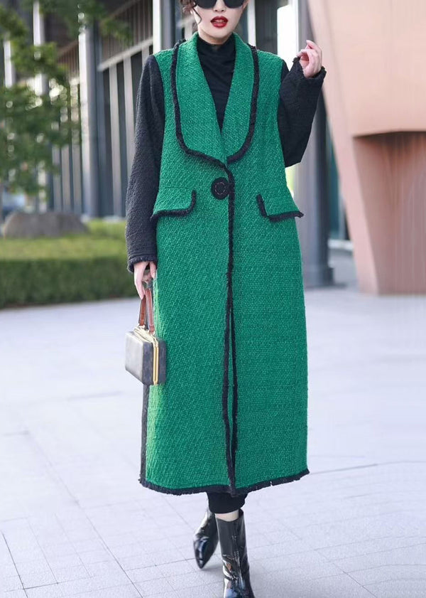 French Green Button Pockets Patchwork Woolen Coats Winter