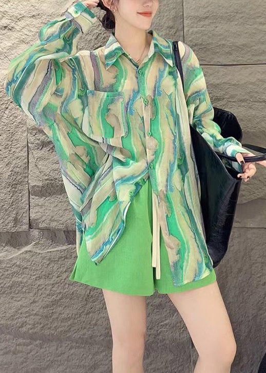 French Green Button Print Patchwork Chiffon Shirts Fall