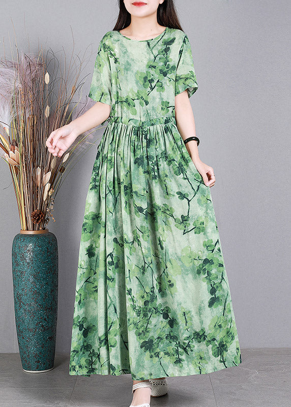 French Green O-Neck Print Linen Long Dress Short Sleeve