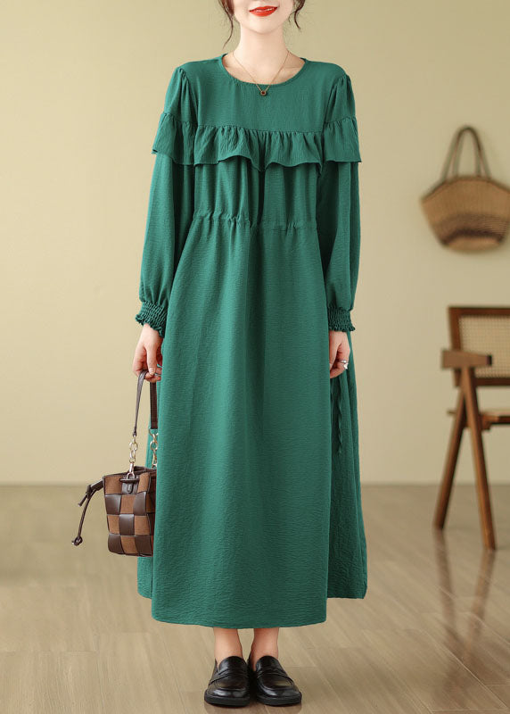 French Green O-Neck Ruffled Patchwork Drawstring Party Long Dress Fall