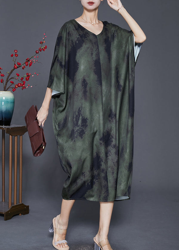 French Green Oversized Tie Dye Silk Dress Batwing Sleeve