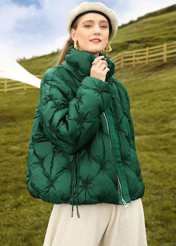 French Green Stand Collar Zip Up Wrinkled Fine Cotton Filled Parkas Winter